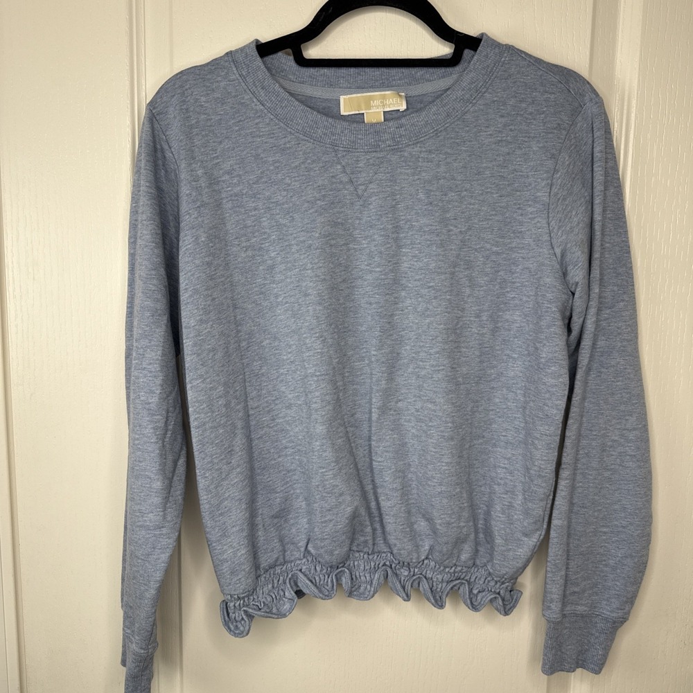 Michael Kors Ruffle Smocked Hem Sweatshirt Womens M Blue Heather Crewneck Preppy